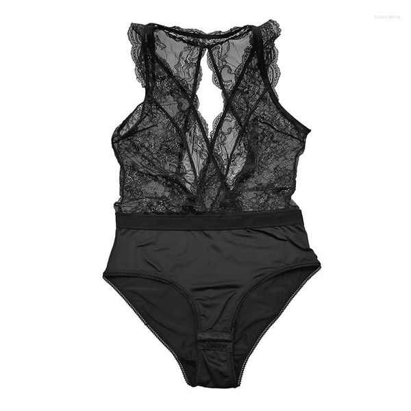 Femmes Shapers Solide Noir Col V Profond Ouvert Entrejambe Perspective Dentelle Sexy Femmes Sans Noir Body Femme Teddy Combinaison SLA031