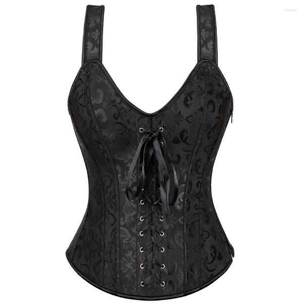 Femmes Shapers Steampunk Corset Satin Jacquard Sexy Bretelles Fermeture Éclair Côté Overbust Taille Formateur Bustier Corsets Plus La Taille S-6XL