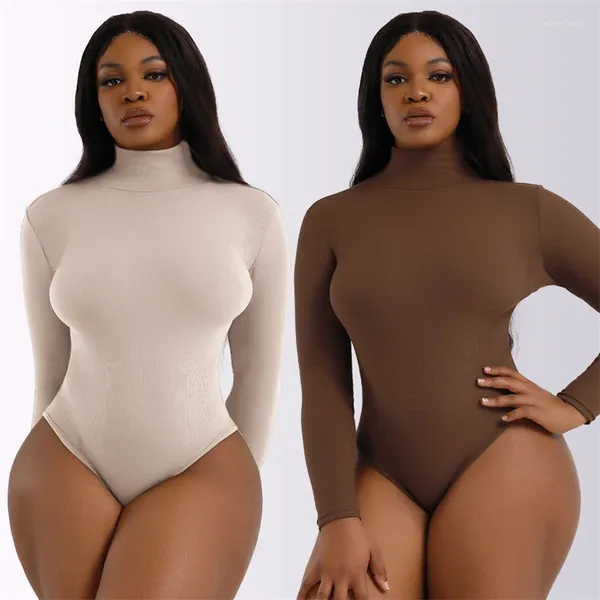 Femmes Shapers Femmes Noir Manches Longues Body Automne Hiver Col Roulé Body Femme Sexy Moulante Taille Haute Barboteuse Body Shapewear