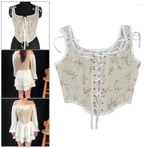 Dames Shapers Women Bustier Soft Corset Tops brede schouderbanden Retro Renaissance Floral Print Cross Bandage Boned Push Up