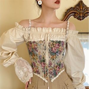 Damesjaponsen Women Elegant Designer French Vintage Print Halter Tops Chic Bandage Floral Corset Shirts Sexy Style Party Club Ladies Top 220830