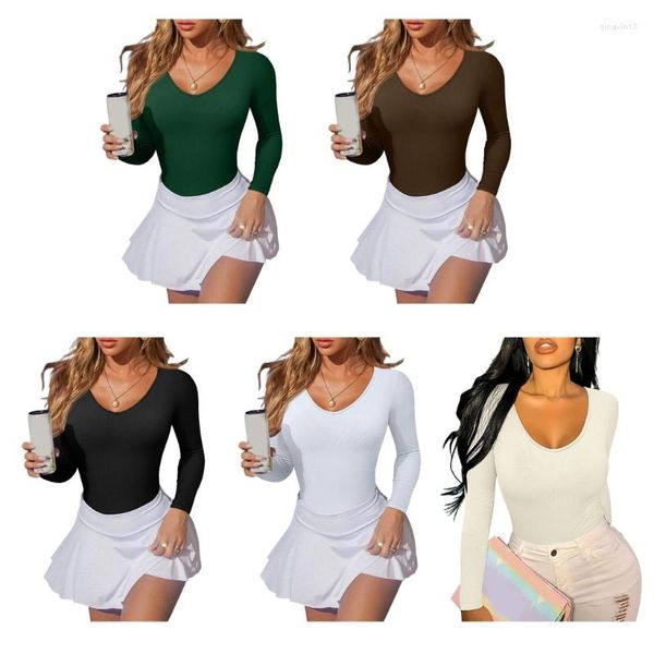 Femmes Shapers Womens Long Sleeve V-Neck Body Solid Color Empire Waist Bodycon Jumpsuit Top