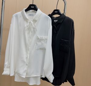 Chemise femme ruban satin chemise noir et blanc poche poitrine broderie cardigan manches longues chemise veste chemise homme