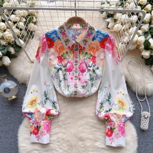 Camisas para mujeres 2024 NUEVA Autumn Holiday Flower Shirt Tops Pista Vintage Women Lapel Collar Single Breaded Tampón Floral Floral Manga BLOSS