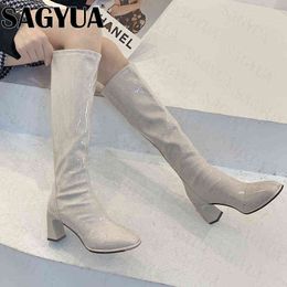 Chaussures pour femmes 2022 nouvelles bottes Chelsea talons hauts genou haut hiver Punk neige PU cuir pompes gros confortable gladiateur Mujer Botas Y1125