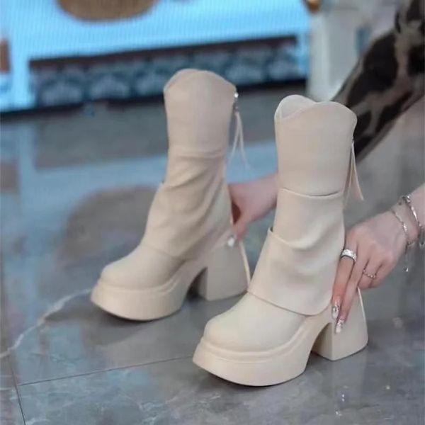 Chaussures pour femmes automne hiver bout rond dames bottes jean plate-forme talons épais chaussures blanches 231220