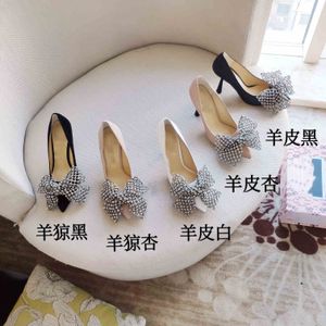 Chaussures pour femmes mode 2021 talons hauts en cuir de mouton noir strass nœud pointu stiletto sandales simples 8.5cm