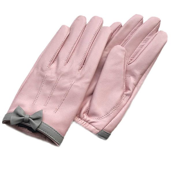 Guantes de piel de oveja de diseño corto para mujer, guantes de cuero genuino con diseño de lazo, guante rosa para motocicleta H1022