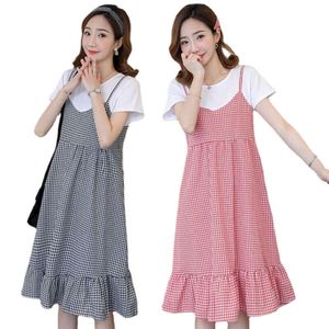 Vestidos de maternidad de manga corta para mujeres ropa de embarazo suelta Long Long Corean Plaid Vestido para mujeres embarazadas