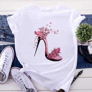T-shirt à manches courtes pour femmes, hauts blancs, chaussures à talons hauts imprimés, T-shirts d'été pour femmes, vêtements à la mode, 2022