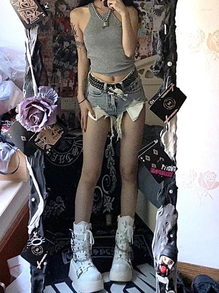 Pantalones cortos para mujer 2000s Y2k Mujer Baddie Estilo Vintage Jean Moda Ripped Denim Pantalones sexy Gyaru Coquette Goblin Core Old Money