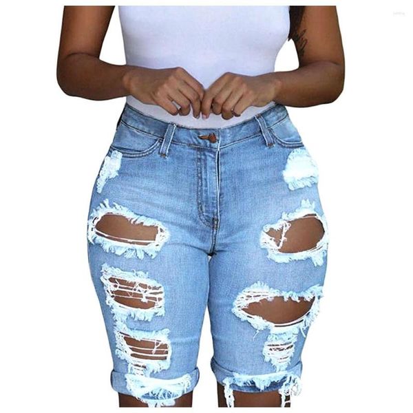 Pantalones cortos de mezclilla con agujeros rasgados para mujer, mallas elásticas destrozadas, pantalones cortos ajustados de verano para mujer de talla grande 3XL 2023