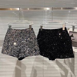 Shorts pour femmes 2023 mode Clubwear dames Sexy paillettes taille haute Streetwear jambe large pantalon court ruban noir femmes