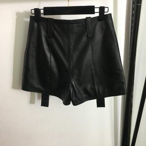 Shorts pour femmes 2023 Long ruban Design Cargo Pocket Pantalon en cuir en peau de mouton noir