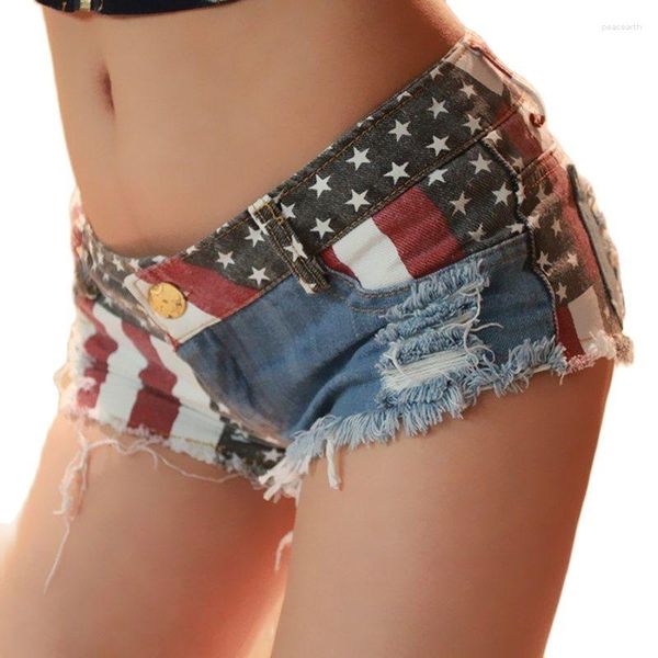 Shorts pour femmes 2023 taille basse drapeau américain imprimé jean en denim déchiré mini style d'été