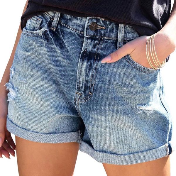 Shorts pour femmes 2023 taille moyenne déchiré ourlet jeans pour femmes mode haute stretch sexy vêtements de sport s-2xl goutte