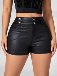 Shorts voor dames 2023 Sexy stretch schuine zak dubbele knop detail Solid pu lederen shorts vrouwen casual Holiday Strtwear Y240420