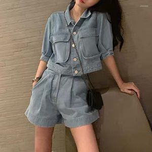 Shorts voor dames 2023 Springstijl Street Fashion Denim Double Pocket Jacket Coat and Jeans Sweet Streetwear Women Tweed-Piece Suit Set