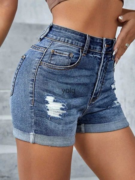 Shorts pour femmes 2023 Été Nouveau taille moyenne déchiré Denim Mode Sexy Élastique Roulé Skinny Jeans S-2XL Drop Shippingyolq