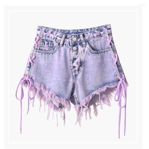 Shorts pour femmes 2023 Été Violet Gland À Lacets Denim Taille Haute Fille Épicée Mince A-ligne Pantalon À Jambes Larges