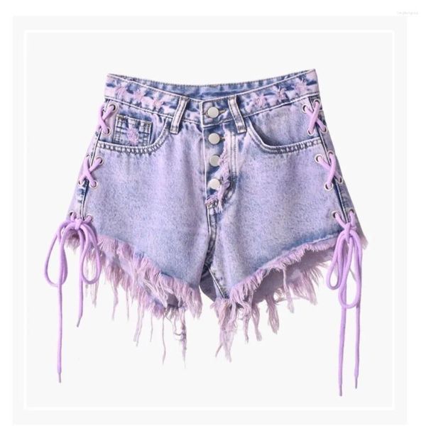 Shorts pour femmes 2023 Été Violet Gland À Lacets Denim Taille Haute Fille Épicée Mince A-ligne Pantalon À Jambes Larges