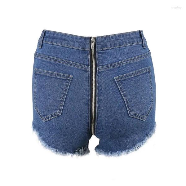 Pantalones cortos para mujer 2023 Mujeres de verano Todo fósforo Indie Cremallera en la espalda Sexy Cintura alta Jean Borla Agujeros rasgados Azul oscuro Denim Corto