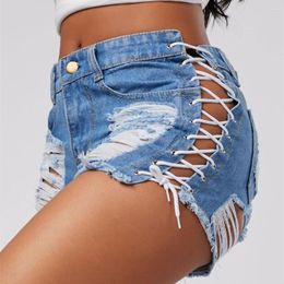 Pantalones cortos de mujeres 2023 mujeres de verano sexy de vía alta de vía alta jeans cortos jeans femme indie negro borla de encaje con vendaje
