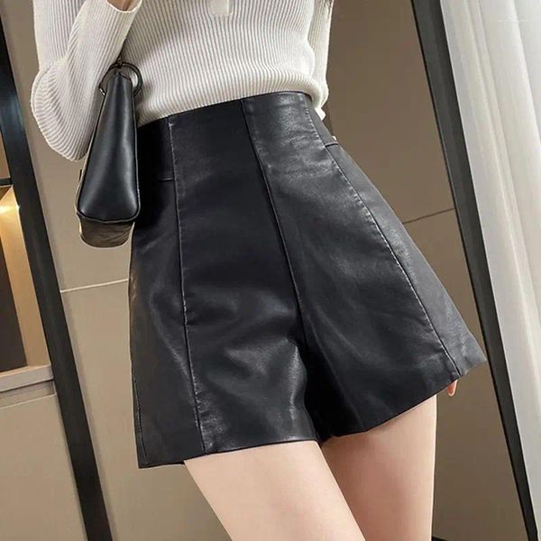 Shorts Femmes 2023 Femmes Taille Haute Cuir Automne Hiver A-Ligne Slim-Fit Large Jambe PU Pantalon Femme Mode Botte Noire