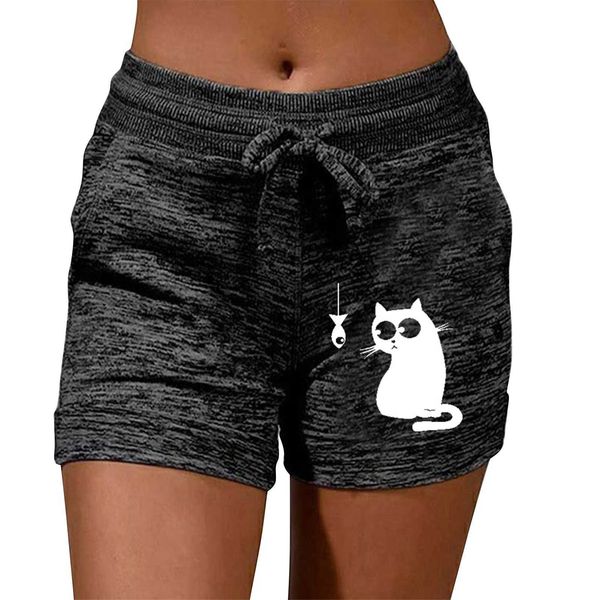 Pantalones cortos para mujer 2023, pantalones cortos para mujer, pijamas cómodos con estampado de gato de cintura alta y bolsillos, pantalones holgados para correr de verano P230530