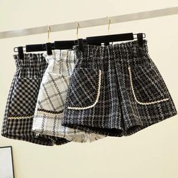 Pantalones cortos para mujer 2024 Otoño Invierno mujer pierna ancha cintura alta mujer moda lana Tweed pantalones a cuadros para mujer Q31