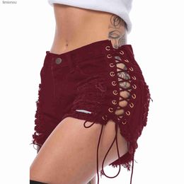 Shorts Pour Femme 2024 Été Nouvelle Femme Short En Jean Sexy Mode Bandage Latéral Short Élastique Jeans 4 Couleurs S-3XL Drop ShippingC243128