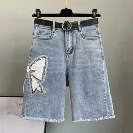 Dames shorts 2024 Zomer Nieuwe dames kraal kalk paillin denim shorts losse hoge taille dded dunne broek vrouwelijke hoge taille wijd been denim shorts y240420