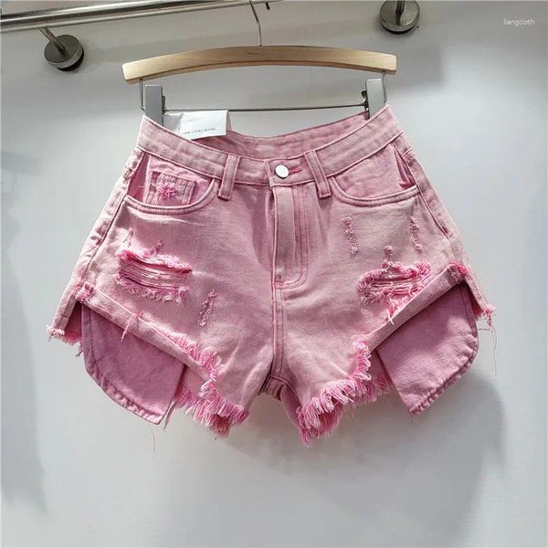 Shorts pour femmes 2024 Summer Pink Hole Denim Taille haute Minceur Spicy Girl A-Line Bord Ragged