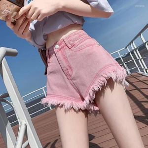 Shorts voor dames 2024 Zomerrok Pink Proze Fringe High Taille Denim Y2K Spicy Girl Sexy Jeans Women Sweet Slim A-Line
