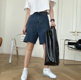 Shorts pour femmes 2024 Summer Street Mode Femmes Lâche Sauvage Cinq Points Solide Indie Taille Haute Bleu Denim Y2K Poche Droite