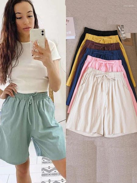 Pantalones cortos para mujer 2024 mujeres algodón verano casual sólido dos bolsillos cintura alta suelta para niñas suave fresco femenino