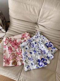Short féminin 2024 Fashion Fashion Loose Casual Side Seam Pocket Pocket Linen Floral Pattern plidé 0423