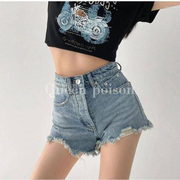 Short féminin 2024 Femmes Summer White Hairy Edge Hole Denim Y2k Sexy High Waist Jeans High-Waist Straight a Word