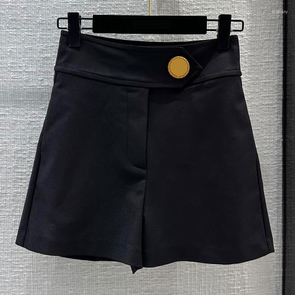 Short femme 23 piste Vintage noir coton femmes mode poche bouton doré taille haute large jambe élégante dame bureau pantalon court