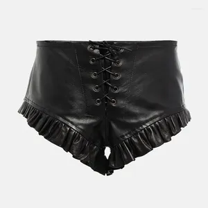 Shorts Femmes 23Runway Black Sheepskin Femmes Haute Taille Bandage Dentelle Cuir Court Sexy Mode Simple Streetwear Solide Vêtements