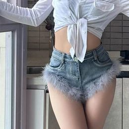 Dames shorts American Sexy Feather Patchwork Jeans For Women Y2K E-Girl High Taille Bodycon Denim 2024 Spring Blue Ropa Mujer