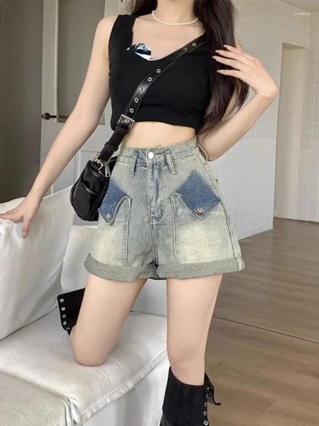 Shorts féminins American Vintage Denim for Women Pockets Patchwork Design High Taist Pant Summer Y2k Gyaru Femme Slim 2024 Vêtements