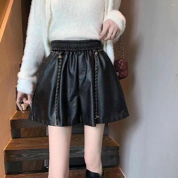 Shorts pour femmes automne hiver noir punk pu cuir taille haute jambe large élégant femme chic quotidien streetwear