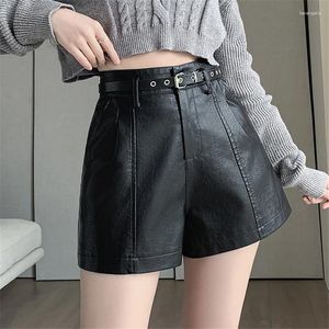 Shorts pour femme Automne Hiver Vintage Cuir PU noir avec ceinture 2023 Taille haute décontractée Pantalon à jambes larges Femme