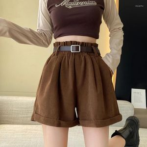 Shorts Pour Femme Automne Hiver Femme Velours Côtelé Avec Ceinture 2024 Taille Élastique Lâche Sertissage Vintage Pantalon Court Pour Bottes