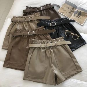 Shorts pour femmes Automne Hiver Femmes PU Cuir Large Jambe Solide Grandes poches Femme Mode Taille Haute Coréen Casual Lâche