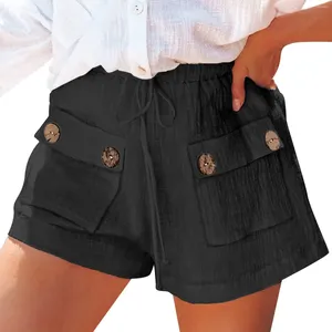 Pantalones cortos para mujer Playa Mujeres de talle alto Casual Cómodo Botón de algodón Verano con bolsillos Medias Pantalones cortos sueltos Fitness