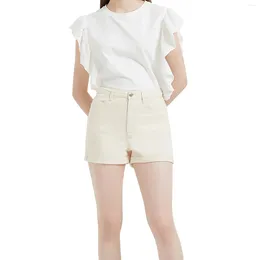 Short féminin beige y2k en denim de femmes enroulé de la taille coréenne haute taie dame jeans été.