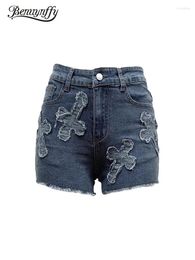 Dames shorts Benuynffy lage taille gerafelde hemden denim zomer 2024 mode streetwear geborduurde stretch Jean