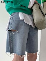 Short Femme BGTEEVER Celana Pendek Jeans Kaki Lebar Wanita Lubang Sobek Longgar Musim Semi Panas Denim Pinggang Tinggi Saku Lurus 230517
